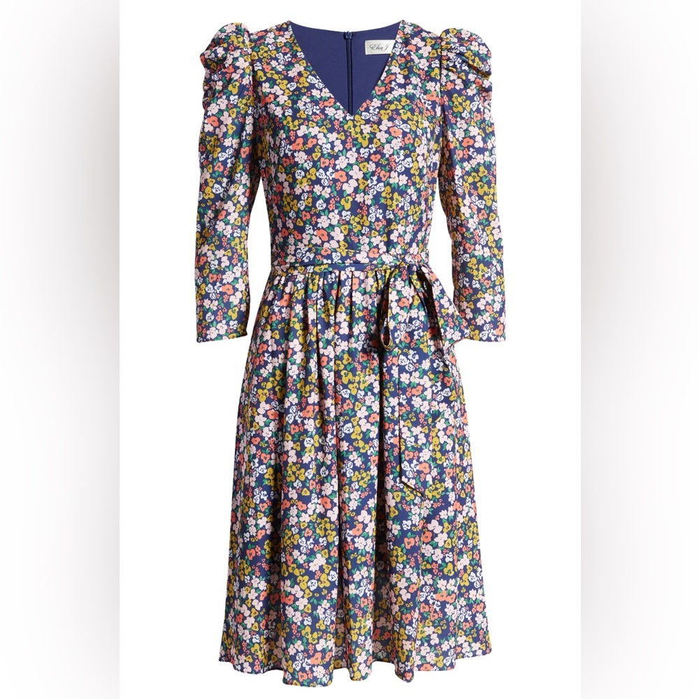 Eliza J Fitted V-Neck Dress Fully Lined with Puff Sleeves Tie Belt Size 6